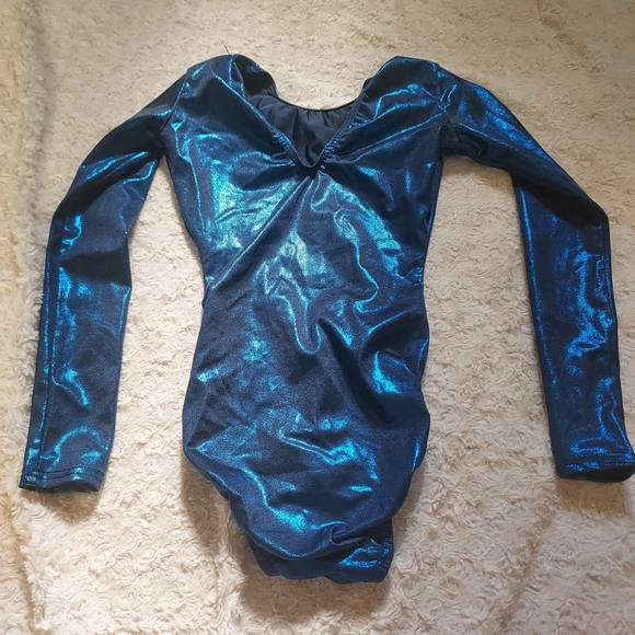 Gymnastic Ice Skating Dance Metallic Blue Leotard Bodysuit Rhinestone Detail - Picture 4 of 7